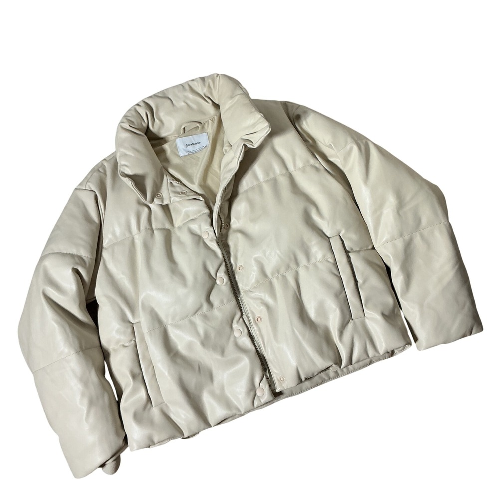 Stradivarius Faux Leather Puffer Jacket Womens L Contemporary Winter Puffy Coat
